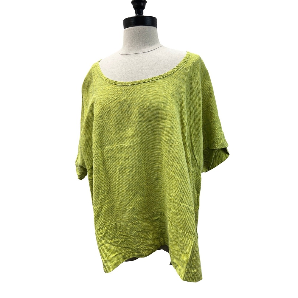 FLAX Linen Top Womens 1G Green Excellent Short Sleeve Scoop Neck Micro Stripe